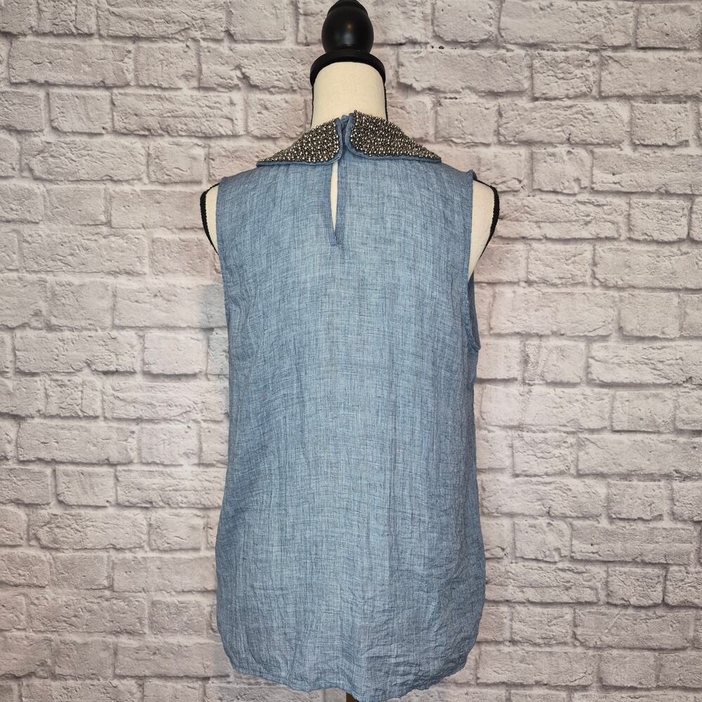 Anthropologie Maeve Chambray Blouse Sleeveless Beaded Peter Pan Collar Top Sz L - Picture 7 of 10